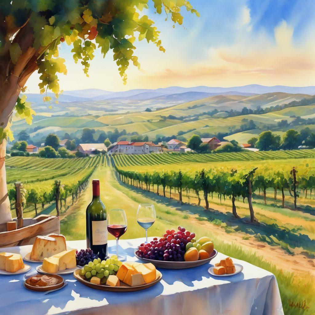 A picturesque vineyard landscape bathed in golden sunlight, with rolling hills dotted with grapevines and a rustic winery in the background. A diverse group of cheerful people engaged in a wine tasting, laughing and savoring their experiences, surrounded by wine glasses and cheese platters. Add vibrant grape clusters hanging from the vines and an inviting blue sky. watercolor painting style.