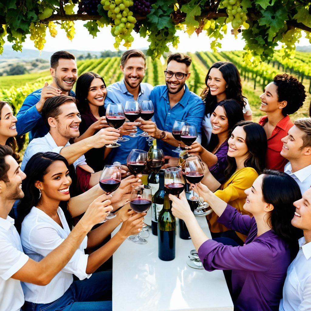 A vibrant online community gathering of wine enthusiasts, showcasing diverse people clinking glasses in joy, surrounded by lush vineyards and a digital world backdrop filled with wine bottles and grapes. Incorporate elements of social media interaction, like live chats and hearts. The scene should radiate warmth and excitement, blending traditional wine culture with modern online connectivity. super-realistic. vibrant colors. white background.