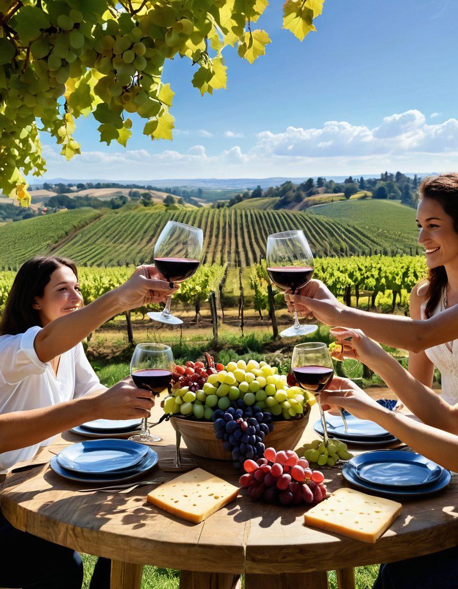 A picturesque vineyard landscape showcasing vibrant grape varieties in all hues of purple, green, and gold under a bright blue sky. In the foreground, a rustic wooden table set with elegant wine glasses filled with different wines, surrounded by assorted cheese and fruits. A group of diverse friends laughing and toasting with their glasses, capturing the joy of wine tasting adventures. The scene conveys a sense of celebration and exploration. super-realistic. vibrant colors. 3D.